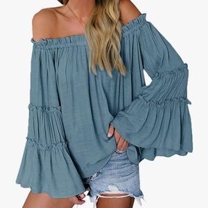 NWOT WOMENS OFF THE SHOULDER LONG BELL SLEEVE TOP LOOSE BLOUSE